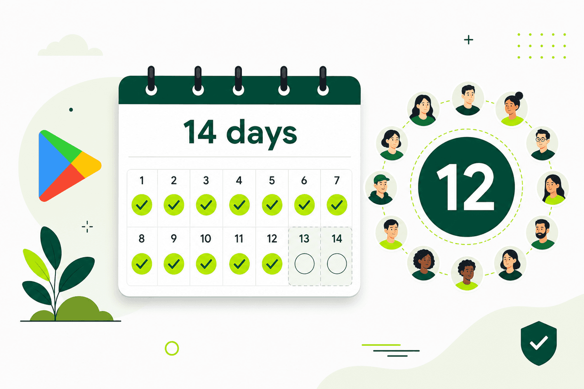 14-day calendar with green checkmarks next to a circle of 12 tester avatars for Google Play closed testing