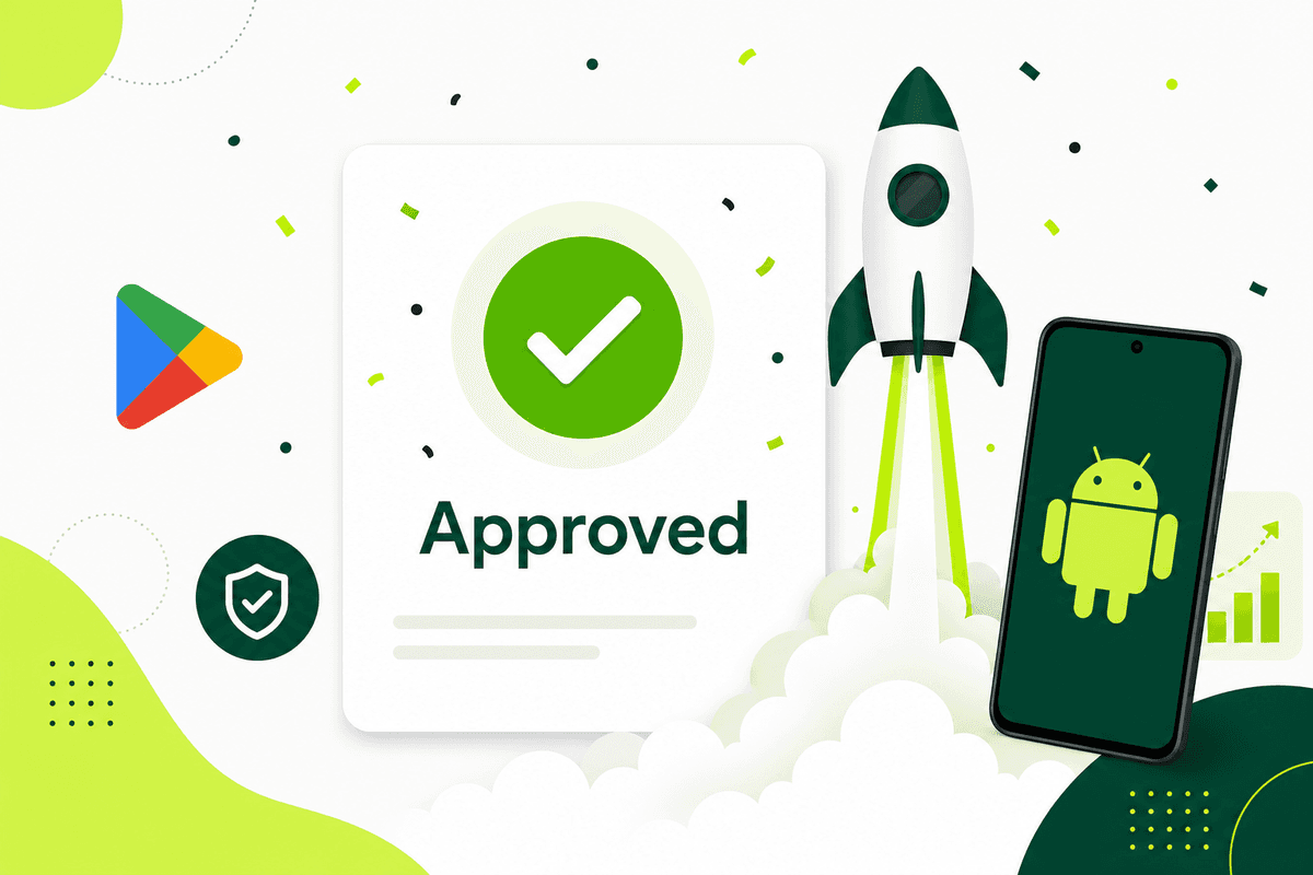 Google Play production access approval card with a rocket launching next to an Android phone