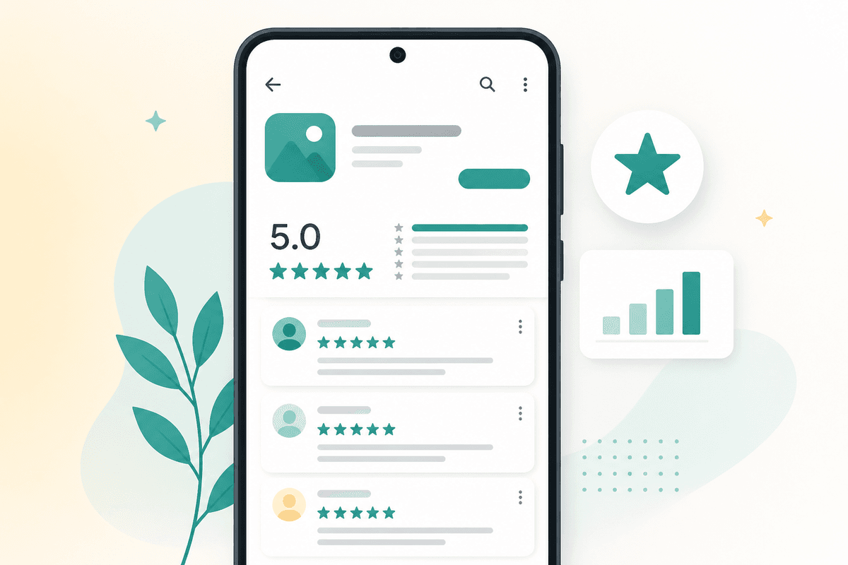 Play Store style reviews and star ratings for a live Android listing